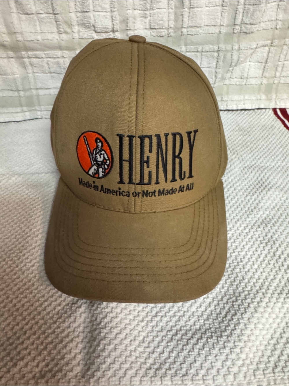 American Needle Henry Embroidered Tan Baseball Cap with Orange Accent